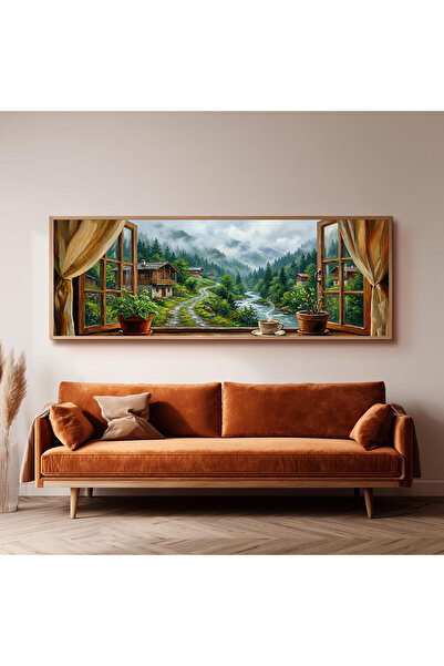 Dekorsiahome Ahşap Çerçeveli Panoramik Oturma Odası Salon Tablosu UZ0172
