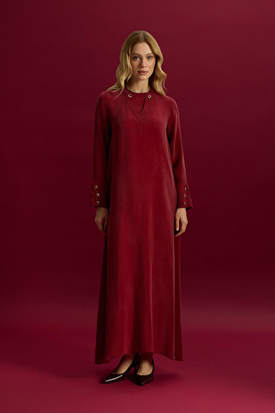 MISS DALIDA Kuş Gözü Detaylı Cupro Elbise Cherry