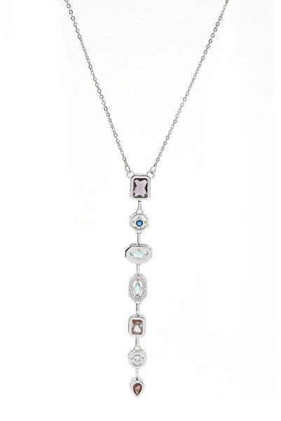 THE ORIGINALS Women's Steel Asymmetrical Stone Y-Necklace Silver Color