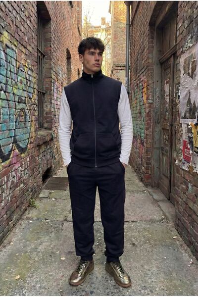 CLAYES Men's Black Stand Collar Zippered Vest 3-Piece Tracksuit Set – White B...