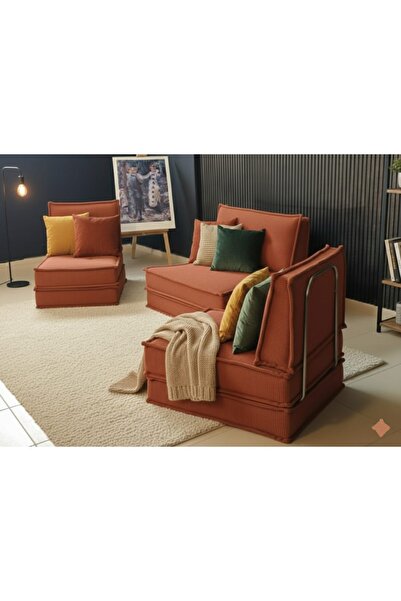 COLORMİX Kiremit İkili Yataklı Kanepe - Gümüş Metal Ayaklı Kadife Koltuk