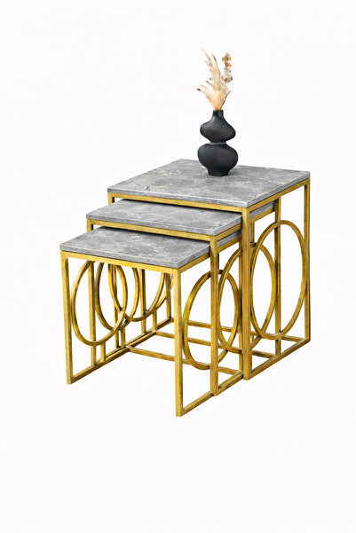 Riyes Tasarım Halka Model 3’lü Zigon Sehpa Seti– Eskitme Gold Metal Ayaklı