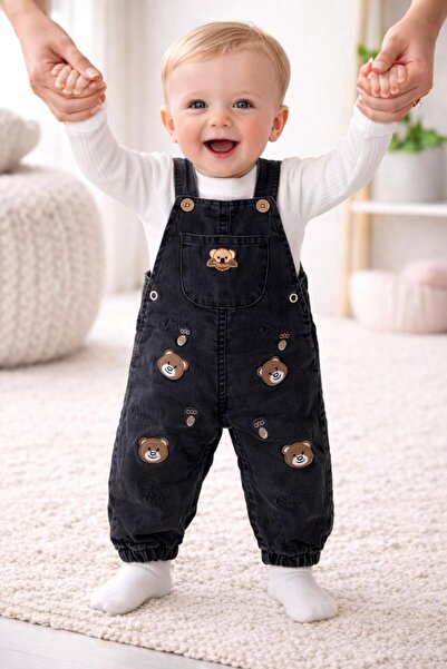 TUOBEBE Baby Denim Jumpsuit with Embroidered Bear