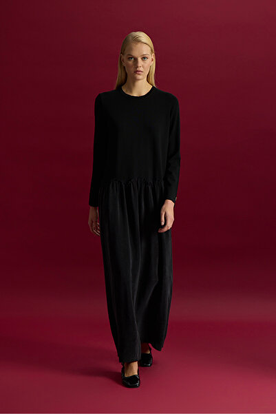 MISS DALIDA Büzgü Detaylı Triko Cupro Elbise Siyah