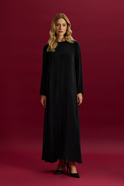 MISS DALIDA Düz Renk Uzun Kollu Cupro Elbise Siyah