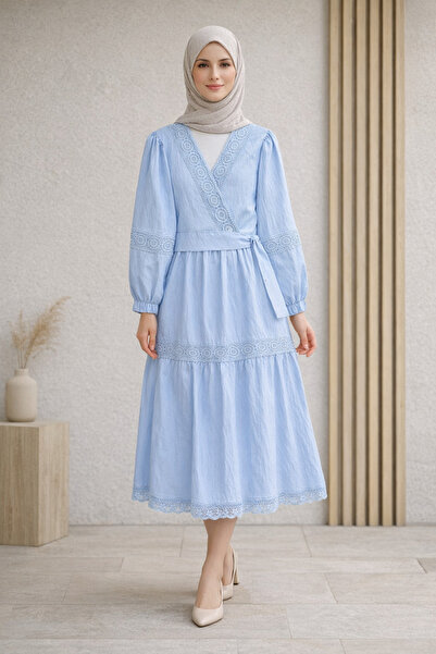 Kirazgym Tied Sleeve Elastic Lace Detailed Skirt Set - Baby Blue