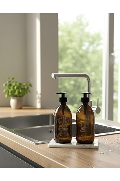 CHEMDLE Mermer Standlı Amber Cam Şişe 500 ml Bulaşık Deterjanı & Sıvı Sabun Seti