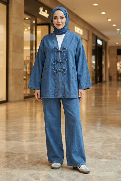 Kirazgym Women's Tie-Front Pocketed Trousers Denim Kimono Set - Dark Blue