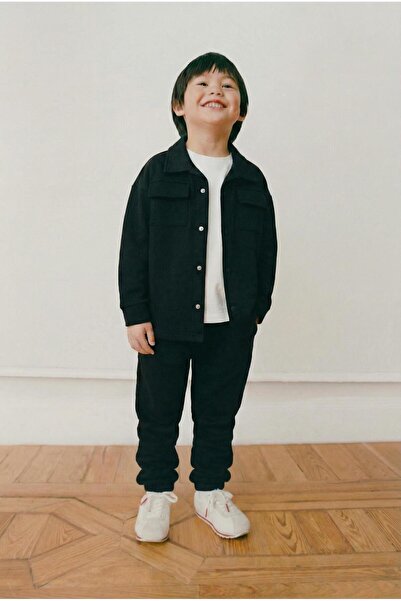 Magu Boys' Cotton Black Jacket and T-Shirt Tracksuit Set