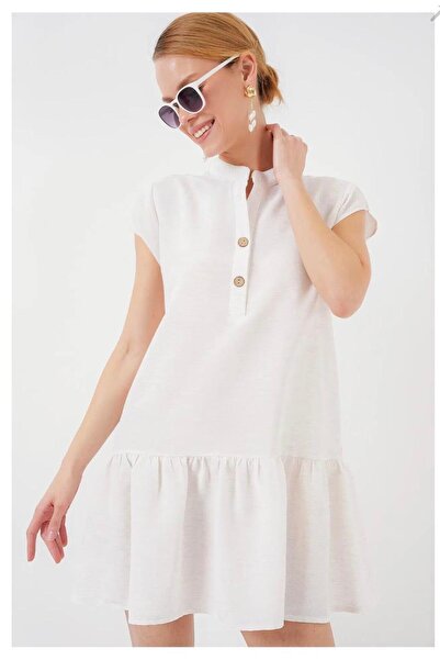 Bigart Short white dress with mandarin collar, buttons and ruffle, casual chi...
