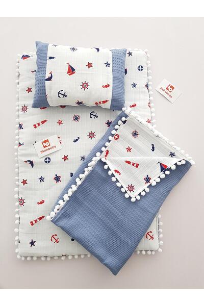 ilkimbebe Sailor Pompom Pique Baby Blanket 3-Piece Set with Bottom Opening