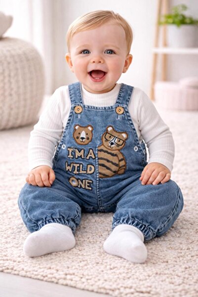 TUOBEBE Baby Denim Jumpsuit with Embroidered Bear