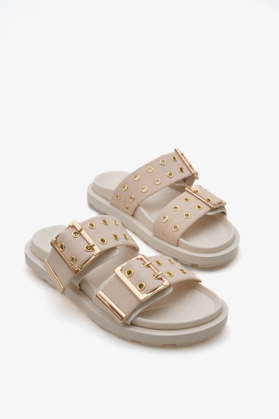 LOJO Papuci de damă cu curea dublă, cataramă aurie, talpă groasă, casual, Kea...