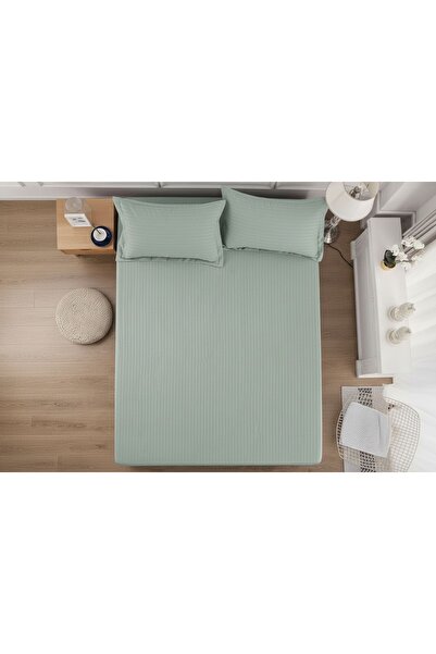 Cuvertură de pat cu elastic + 2 fețe de pernă, 180x200 cm, damasc din bumbac , culoare verde mentă miniatura 3