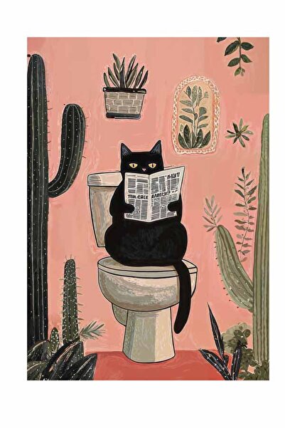 Taranist Poster - Kaktüs Kedi ve Bitki İllüstrasyonu - Modern Botanik Duvar P...