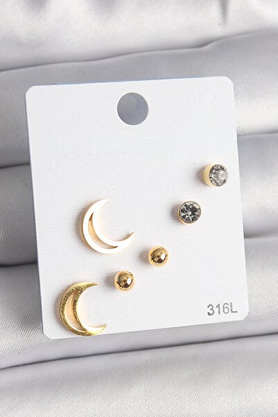 BUTİK AYVİTRİN 316L Steel Zircon Stone Crescent Model Women's Earring Set