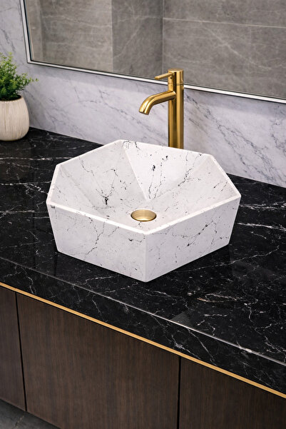 Taş Atölyesi Mermer Desenli Tezgah Üstü Altıgen Taş Lavabo 45 x 16 cm