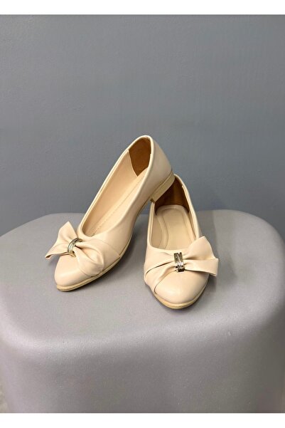 Beyond Balerini de damă din piele crem cu cataramă și fundă, 1,5 cm BYNDİMJ02