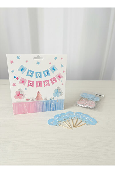 Alindero Boy Girl Cinsiyet Partisi Banner ve Kürdan Seti – Baby Shower Dekora...