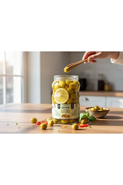 AVDAN Doğal Fermente Biberli Yeşil Domat Zeytin 1 Kg Jumbo Lüks Boy 140-160 D...