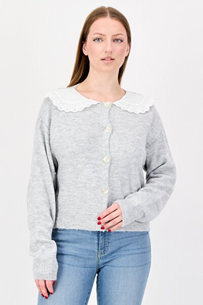 DOROTHY PERKINS Women Spread Collar Knitted Cardigan, Grey