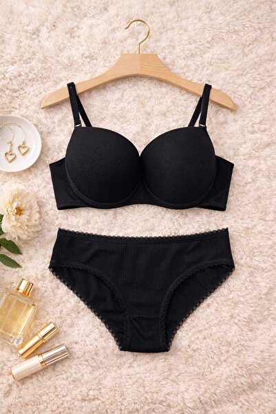 hepimiz alalım Black Basic Push up Bra and Panty Set – Daily Comfortable Supp...