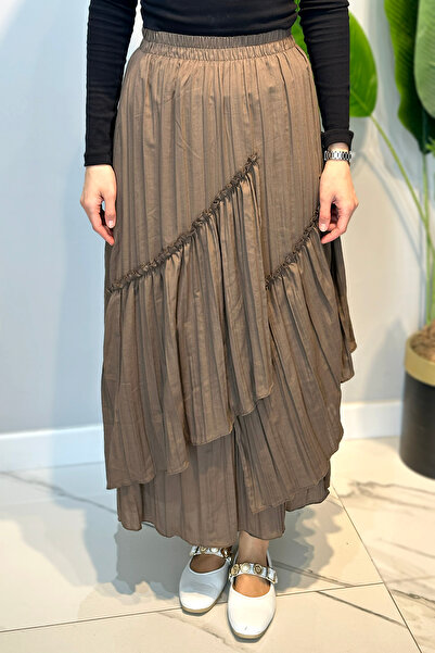 Lale Butik Cotton Ruffled Flared Skirt 27031 Mink