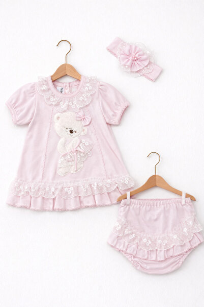 Kardeşler Bebe Lace Teddy Bear Baby Girl Dress Set – Set of 3 with Headband