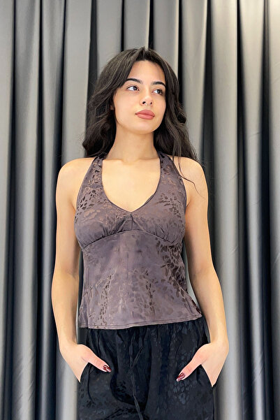 KECHİ WOMAN بلوزة كيتشي بطبعة جلد الفهد من الساتان مع ربطة عنق - بني حار، بني...