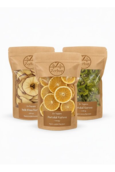 ZERBAP 3'lü Kurutulmuş Meyve Seti - Elma, Portakal, Kivi 3x100g - Şeker İlave...