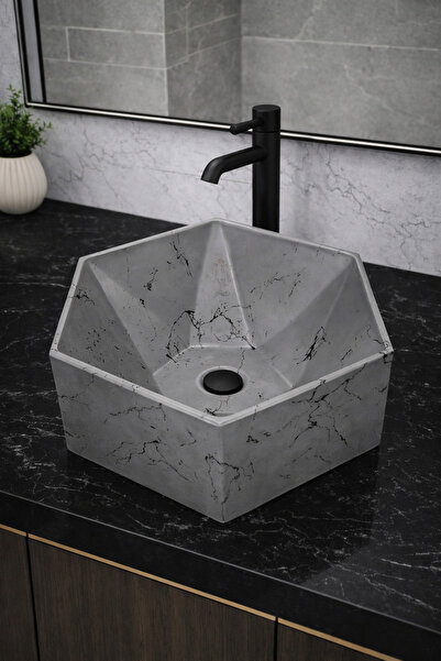 Taş Atölyesi Mermer Desenli Tezgah Üstü Altıgen Taş Lavabo 45 x 16 cm