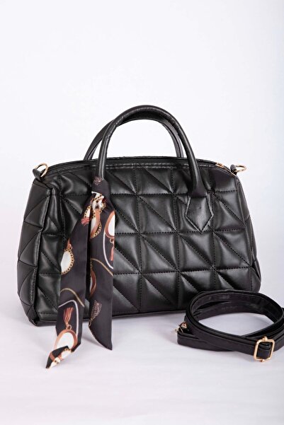 EBRUTESETTÜR Scarf Detailed Quilted Hand & Shoulder Bag Black