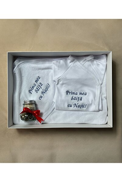 Botez Towel and bodysuit First bath with godparents Embroidered on blue Cotto...