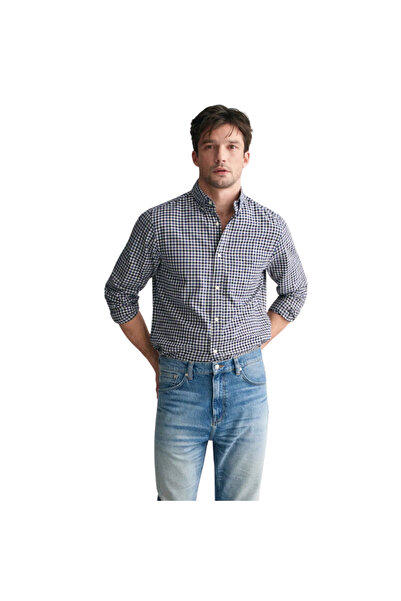 Gant Men's Navy Blue Regular Fit Buttoned Collar Checked Shirt