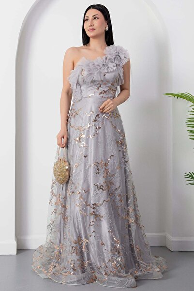 PULLIMM Strapless Neckline One Shoulder Sequin Tulle Dress 6111