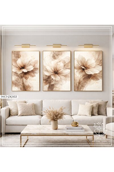 Tablomtr İnci Çiçeği - Dijital Baskılı Gold Metal Çerçeveli Gerçek Camlı 3'lü...
