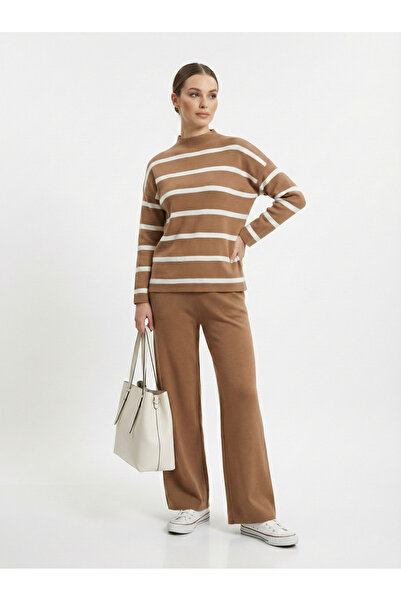 NEW JOURNAL Women's Camel High Neck Striped Knitwear Top and Bottom Set Nj85