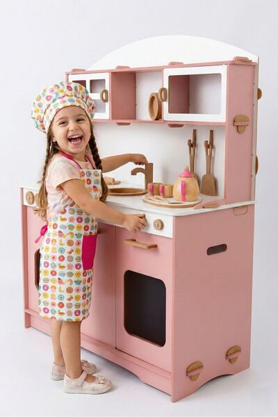 HOBBY HOUSE طقم شاي خشبي فاخر، طقم مطبخ وردي اللون مع هدية