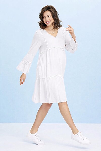 Desen Hamile Giyim Beyaz Güpür Detaylı Kısa Hamile Elbise