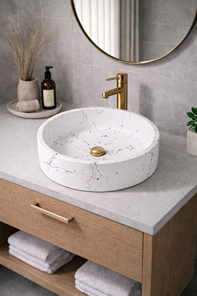 Taş Atölyesi Mermer Desenli Tezgah Üstü Yuvarlak Çanak Taş Lavabo