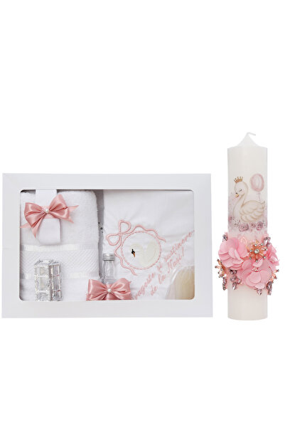 Recostore Set trusou botez cu Lebada Roz pudrat, lumanare si trusou, 8 piese,...