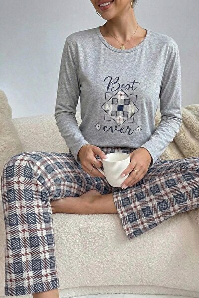 Niket Life Women's Combed Cotton Pajama Set with Slogan and Six Plaid Patterns