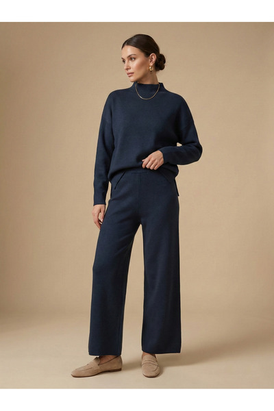 NEW JOURNAL Women's Indigo High-Neck Knitwear Top and Bottom Set Nj83