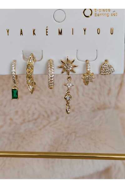 Tuel Women's Stainless Steel Gold Detailed Stone Multi Modern Earrings