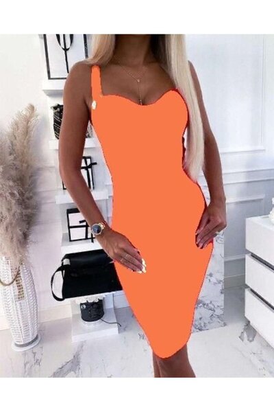 Genel Markalar Kadın Dalgıç Kumaş Düğmeli Fermuarlı Askılı Elbise