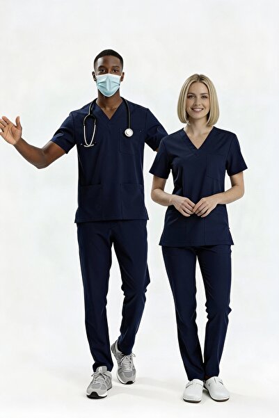 uçak iş giyim Dark Navy Blue B-Flex Lycra Scrubs Set Lower and Upper Part Doc...