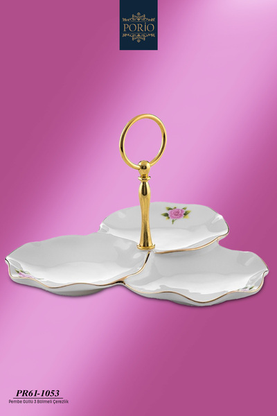 Porio Porselen Altın Yaldızlı Çiçek Desenli 3 Bölmeli 19*23*14 cm Çerezlik İk...