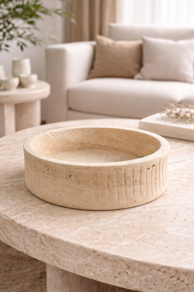 zekmar home stone وعاء ديكور من الترافرتين - وعاء تقديم مصنوع يدويًا من الحجر...