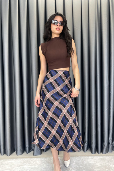 Crep Baklava Pattern Chiffon Skirt-Navy Blue Dark Blue