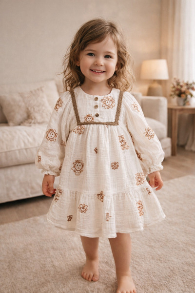 Uğur bebe Двуслойна муселинна рокля за момичета 100% памук, бухнали ръкави, д...